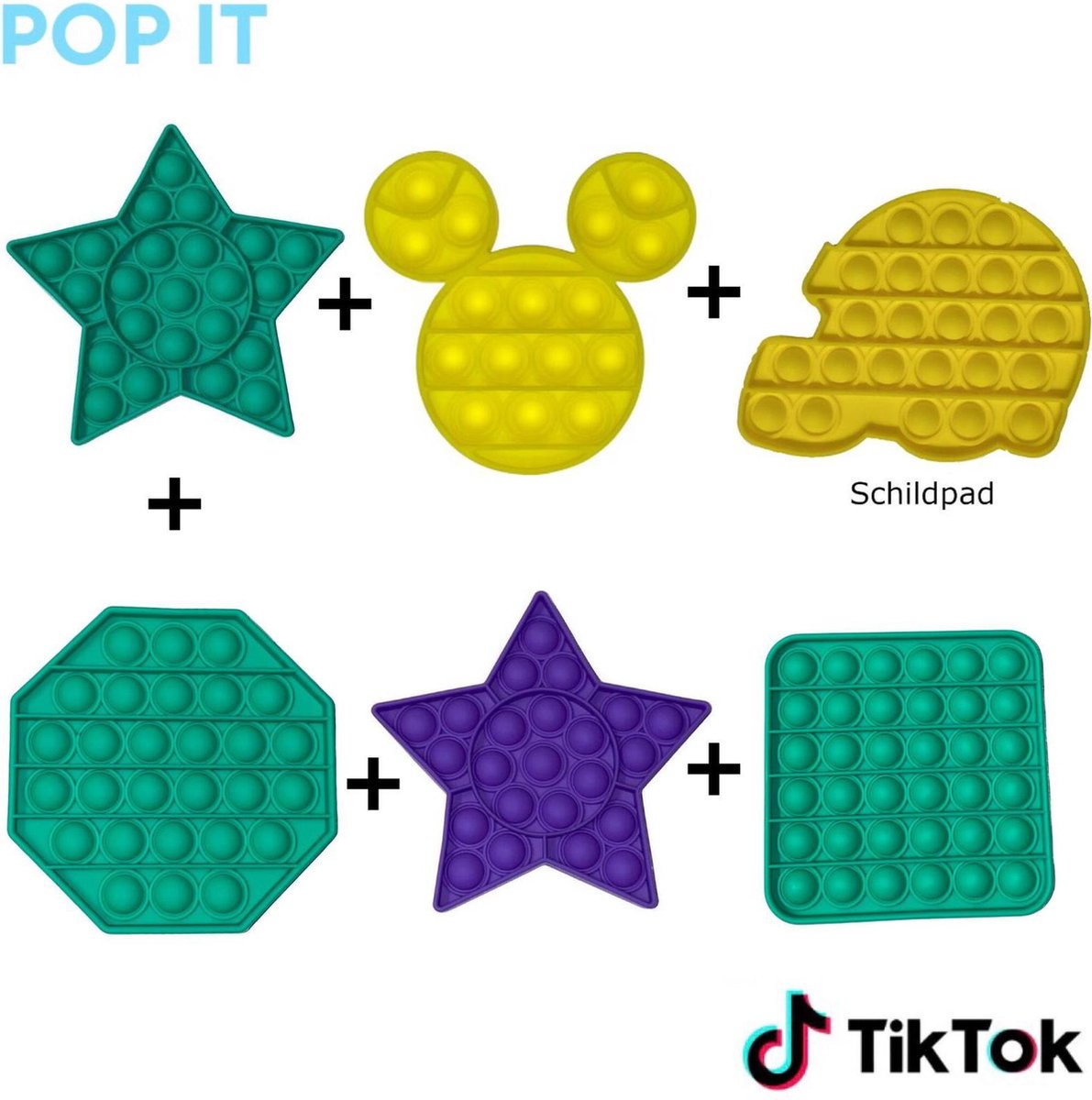 Pop it fidget toys (pakket) 6 in 1 Ster Groen + Micky Mouse Geel + Schildpad Geel + Achthoek Groen + Ster Paars + Vierkant Groen | Tiktok trend | Bubbel pop | Educatief Speelgoed | Anti stress | Speeltje | Verjaardag cadeau